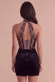 Corset Black Floral Halter Ruched Short Cocktail Dress