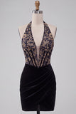 Corset Black Floral Halter Ruched Short Cocktail Dress