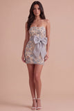 Sparkly Beaded Light Grey Bodycon Strapless Floral Short Cocktail Dress with Bow
