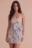 Sparkly Beaded Light Grey Bodycon Strapless Floral Short Cocktail Dress with Bow