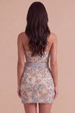 Sparkly Beaded Light Grey Bodycon Strapless Floral Short Cocktail Dress with Bow