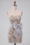 Sparkly Beaded Light Grey Bodycon Strapless Floral Short Cocktail Dress with Bow