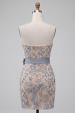 Sparkly Beaded Light Grey Bodycon Strapless Floral Short Cocktail Dress with Bow