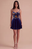 Short Floral Navy Corset Spaghetti Straps Velvet Cocktail Dress