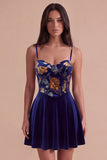 Short Floral Navy Corset Spaghetti Straps Velvet Cocktail Dress