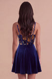 Short Floral Navy Corset Spaghetti Straps Velvet Cocktail Dress