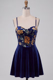 Short Floral Navy Corset Spaghetti Straps Velvet Cocktail Dress