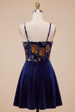 Short Floral Navy Corset Spaghetti Straps Velvet Cocktail Dress