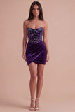 Plum Corset Velvet Bodycon Floral Strapless Short Cocktail Dress