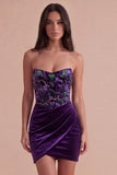 Plum Corset Velvet Bodycon Floral Strapless Short Cocktail Dress