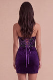 Plum Corset Velvet Bodycon Floral Strapless Short Cocktail Dress