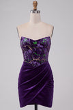 Plum Corset Velvet Bodycon Floral Strapless Short Cocktail Dress