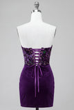 Plum Corset Velvet Bodycon Floral Strapless Short Cocktail Dress
