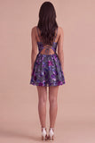 Floral Plum A-Line Spaghetti Straps Short Cocktail Dress
