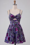 Floral Plum A-Line Spaghetti Straps Short Cocktail Dress