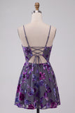 Floral Plum A-Line Spaghetti Straps Short Cocktail Dress