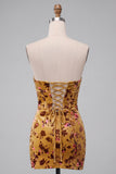 Ginger Yellow Corset Floral Keyhole Bodycon Strapless Short Cocktail Dress