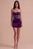 Plum Floral Corset Bodycon Strapless Ruched Short Cocktail Dress