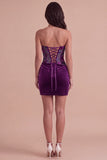 Plum Floral Corset Bodycon Strapless Ruched Short Cocktail Dress