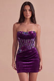 Plum Floral Corset Bodycon Strapless Ruched Short Cocktail Dress