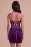Plum Floral Corset Bodycon Strapless Ruched Short Cocktail Dress