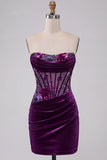 Plum Floral Corset Bodycon Strapless Ruched Short Cocktail Dress