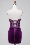 Plum Floral Corset Bodycon Strapless Ruched Short Cocktail Dress