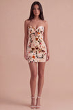 Champagne Floral Bodycon Stapless Short Keyhole Cocktail Dress