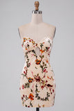 Champagne Floral Bodycon Stapless Short Keyhole Cocktail Dress