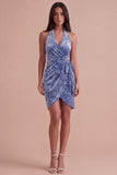 Floral Slate Blue Halter Velvet Short Cocktail Dress with Sash