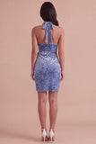 Floral Slate Blue Halter Velvet Short Cocktail Dress with Sash