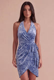 Floral Slate Blue Halter Velvet Short Cocktail Dress with Sash