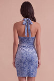 Floral Slate Blue Halter Velvet Short Cocktail Dress with Sash
