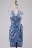 Floral Slate Blue Halter Velvet Short Cocktail Dress with Sash