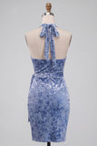 Floral Slate Blue Halter Velvet Short Cocktail Dress with Sash