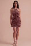 Khaki Floral Bodycon Halter Velvet Short Cocktail Dress