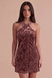 Khaki Floral Bodycon Halter Velvet Short Cocktail Dress
