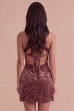 Khaki Floral Bodycon Halter Velvet Short Cocktail Dress