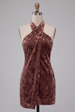 Khaki Floral Bodycon Halter Velvet Short Cocktail Dress
