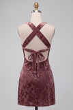 Khaki Floral Bodycon Halter Velvet Short Cocktail Dress