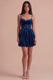 Navy Corset Spaghetti Straps Ruffled Tiered Short Cocktail Dress