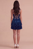 Navy Corset Spaghetti Straps Ruffled Tiered Short Cocktail Dress
