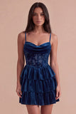 Navy Corset Spaghetti Straps Ruffled Tiered Short Cocktail Dress