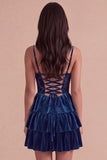 Navy Corset Spaghetti Straps Ruffled Tiered Short Cocktail Dress
