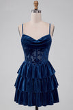 Navy Corset Spaghetti Straps Ruffled Tiered Short Cocktail Dress