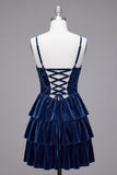 Navy Corset Spaghetti Straps Ruffled Tiered Short Cocktail Dress