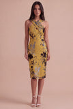 Floral Ginger Yellow Sheath Criss Cross Neck Midi Cocktail Dress with Slit
