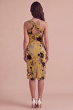 Floral Ginger Yellow Sheath Criss Cross Neck Midi Cocktail Dress with Slit