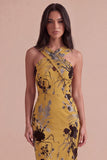Floral Ginger Yellow Sheath Criss Cross Neck Midi Cocktail Dress with Slit