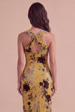 Floral Ginger Yellow Sheath Criss Cross Neck Midi Cocktail Dress with Slit